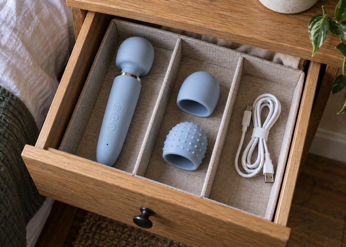 Wand massager stored with separate removable covers and an unplugged cable in a divided drawer