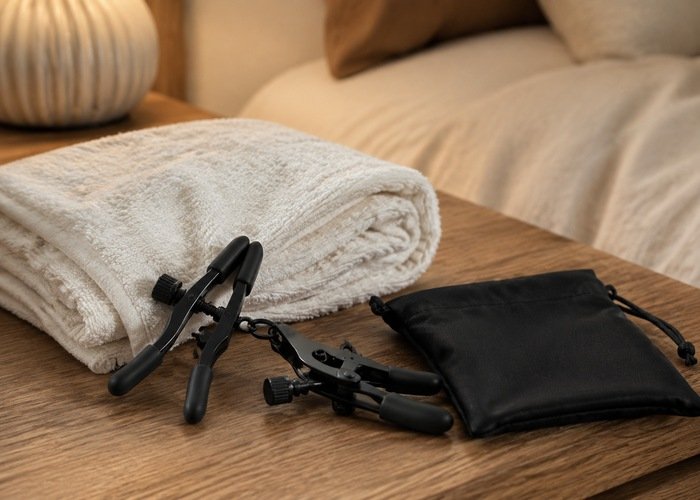 Black padded adjustable clamps beside a folded towel and storage pouch on a bedside table