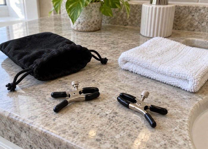 Clamp-style accessories and their padded contact tips arranged for care and storage
