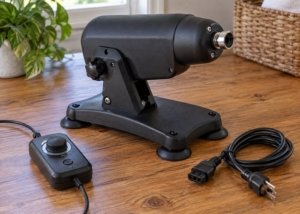 Compact inactive powered base with an empty attachment socket beside a controller and disconnected power cable on wood