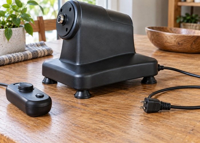 Lower casing and rubber feet of a compact powered base on wood beside a disconnected cable and controller