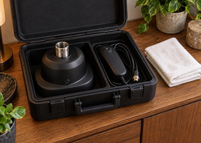 Inactive powered base with an empty attachment socket stored separately from its controller and disconnected cable in an open case