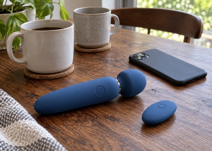 Blue rounded wand massager and separate remote beside a face-down phone and two mugs