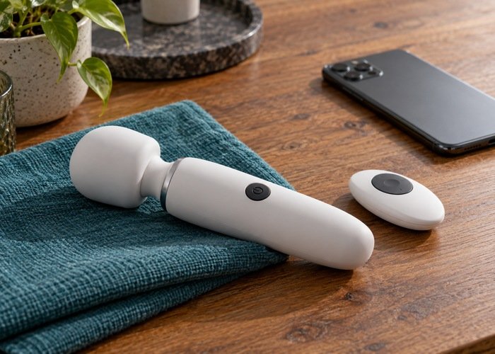 White rounded wand massager with a visible power button beside a separate remote and face-down phone