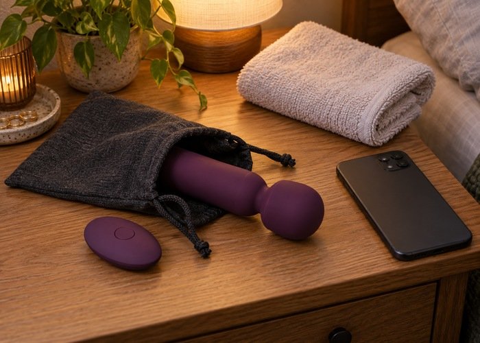 Plum rounded wand massager in an open pouch with its remote and a face-down phone on a bedside table