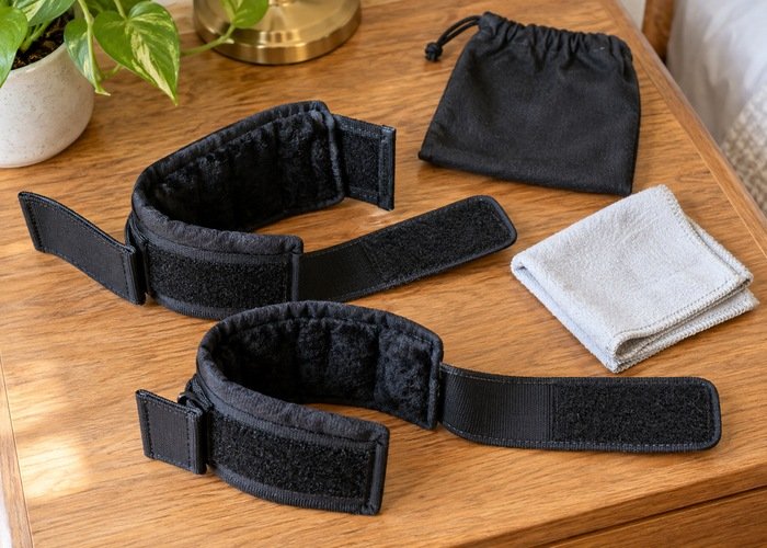 Open black padded fabric cuffs on a wooden table beside a cleaning cloth and storage pouch