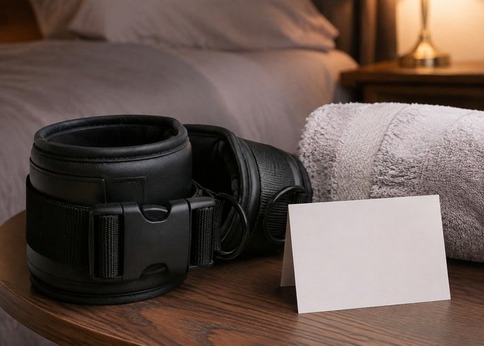 Black padded cuffs with fastening hardware beside a folded towel on a wooden bedside table