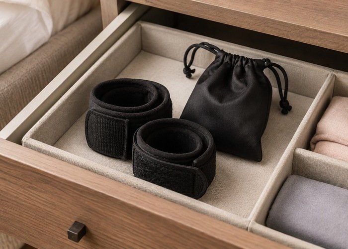 A pair of black padded fabric cuffs and a drawstring pouch in a tidy drawer compartment