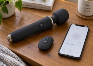 Black wand massager with a separate remote and a phone displaying controls on a wooden table