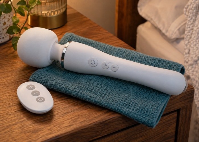Physical power and adjustment buttons on a white wand massager beside its separate remote