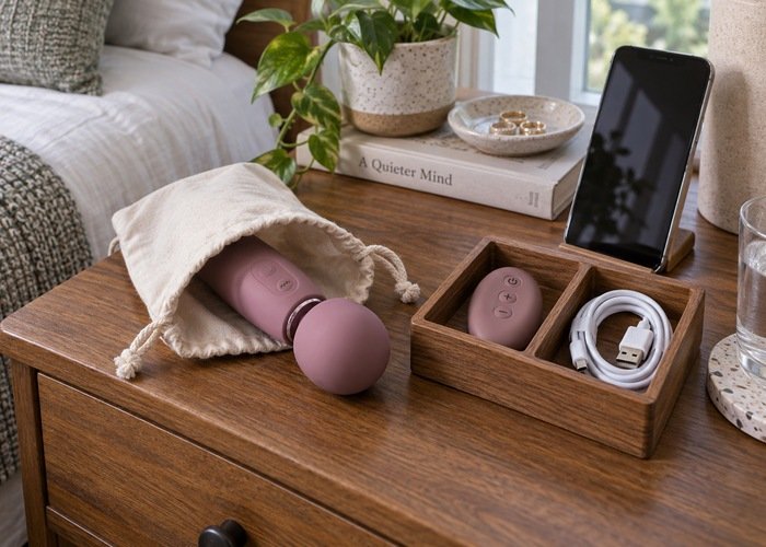 Pink wand massager in a cotton pouch with a separate remote, cable and dark-screen phone