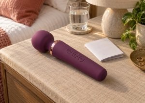 Plum wand massager with separate power and adjustment buttons beside an instruction booklet