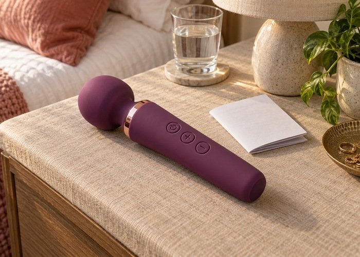 Plum wand massager with separate power and adjustment buttons beside an instruction booklet