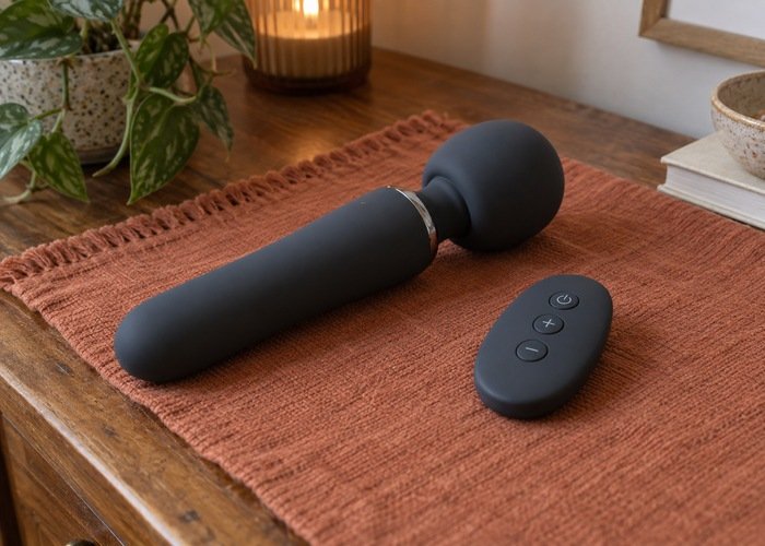 Charcoal wand massager and separate three-button remote on a terracotta mat