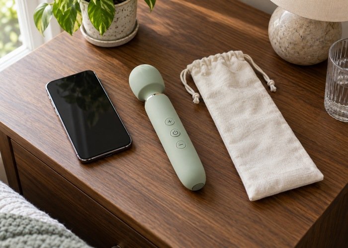 Pale green wand massager with visible buttons beside a dark-screen phone and storage pouch