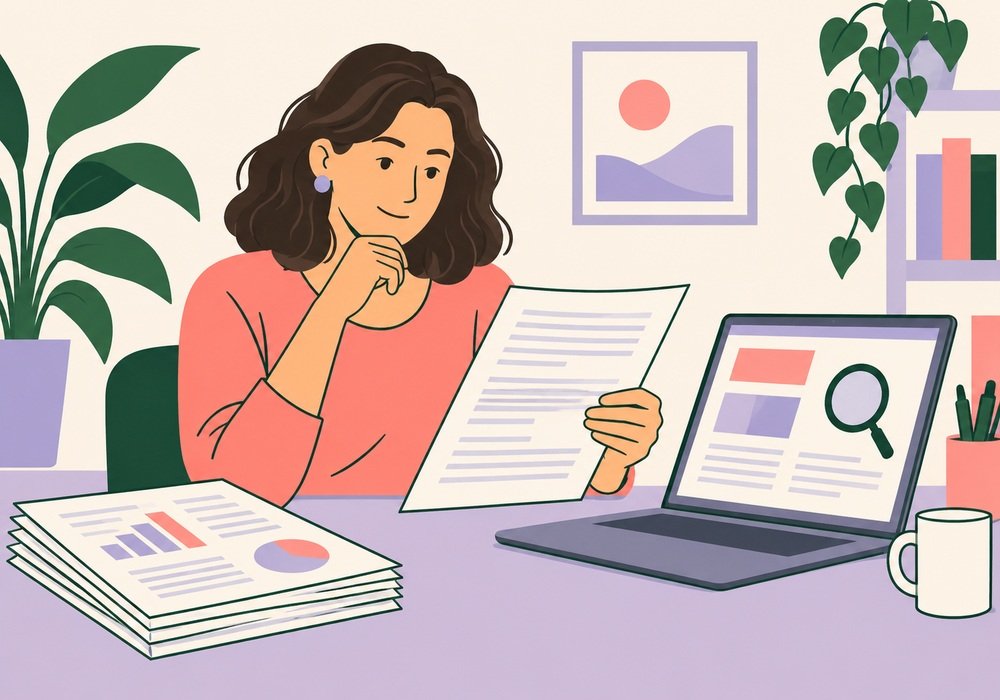 Editorial illustration of a fully clothed adult checking a document beside a laptop and research papers