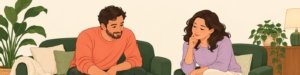 Two fully clothed adults comparing information at a table in front of a green sofa