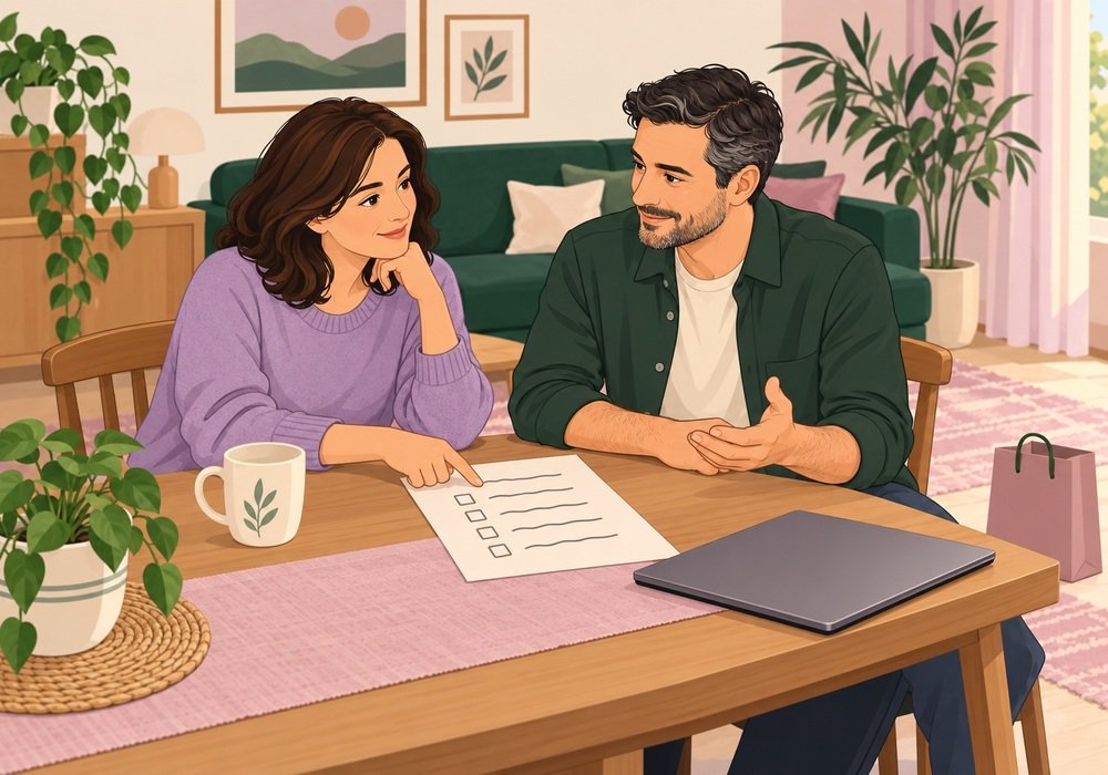 Editorial illustration of two fully clothed adults discussing a checklist beside a closed laptop