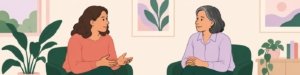 Fully clothed adult talking with a clinician in a quiet consultation room