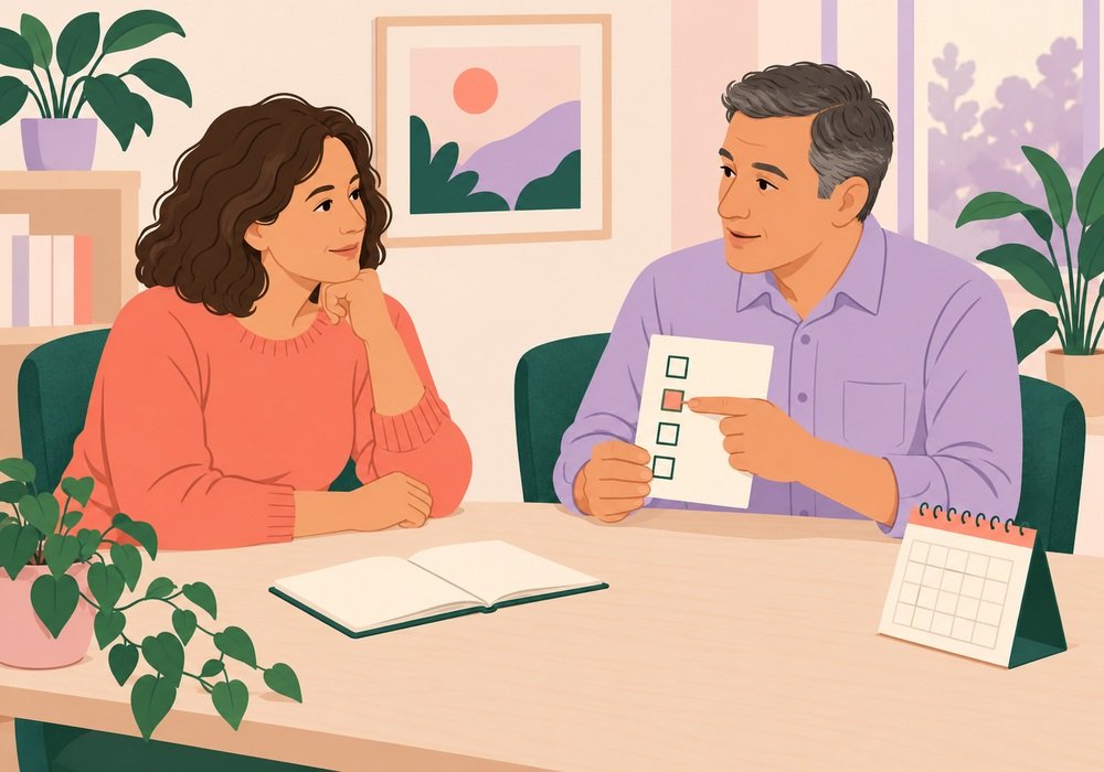 Fully clothed adult and clinician reviewing a follow-up checklist together