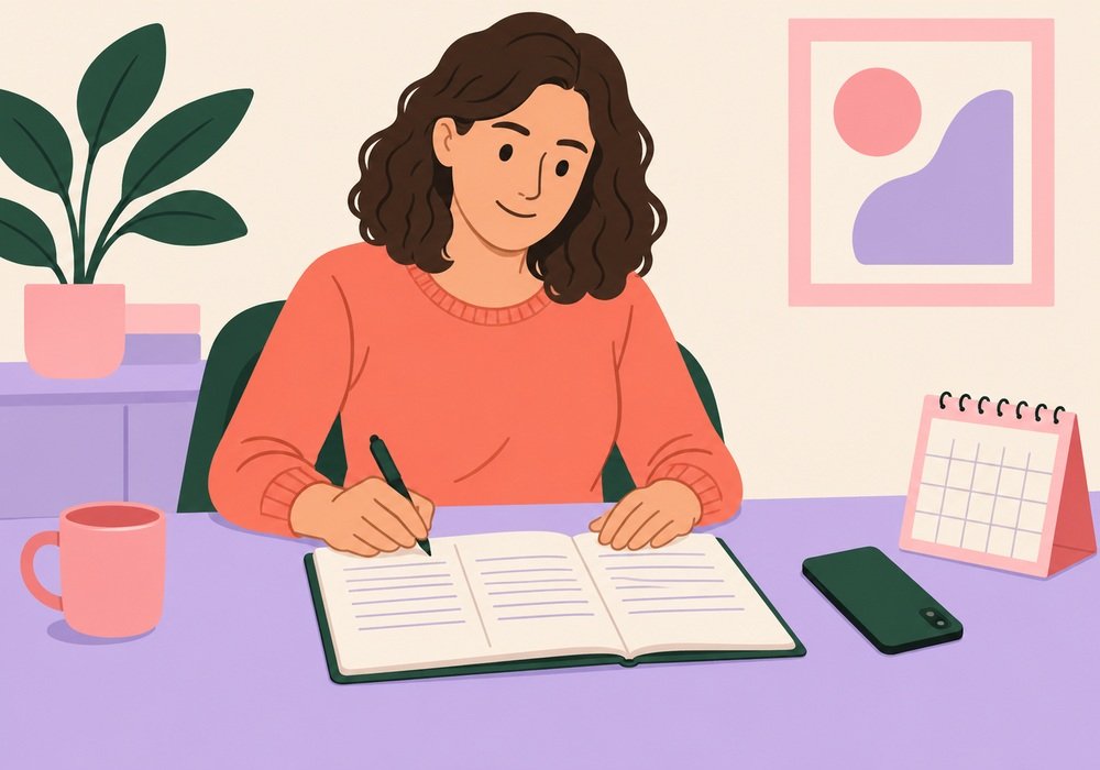 Fully clothed adult writing a short note at a desk beside a blank calendar