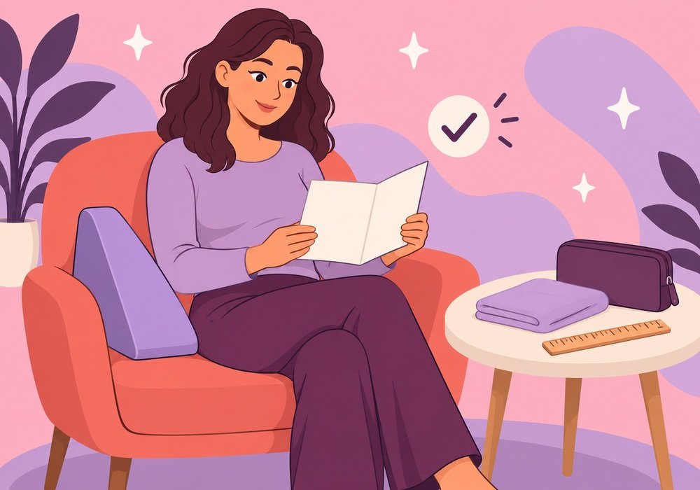 Flat illustration of a fully dressed adult reviewing instructions beside a support cushion and measuring ruler