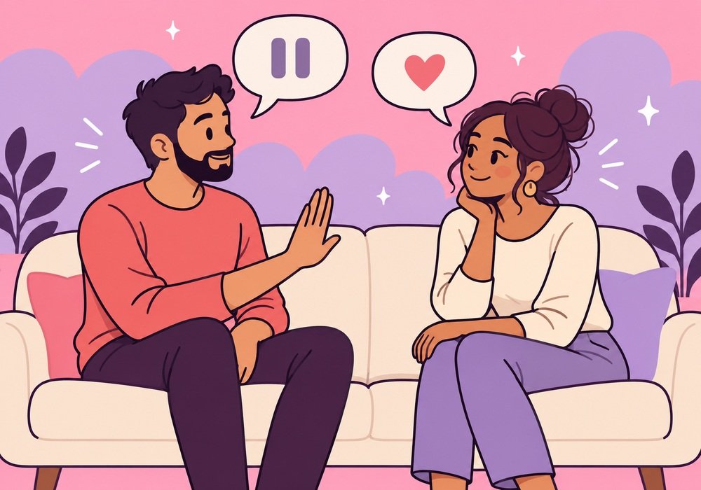 Flat illustration of an adult couple talking with heart and pause symbols in speech bubbles
