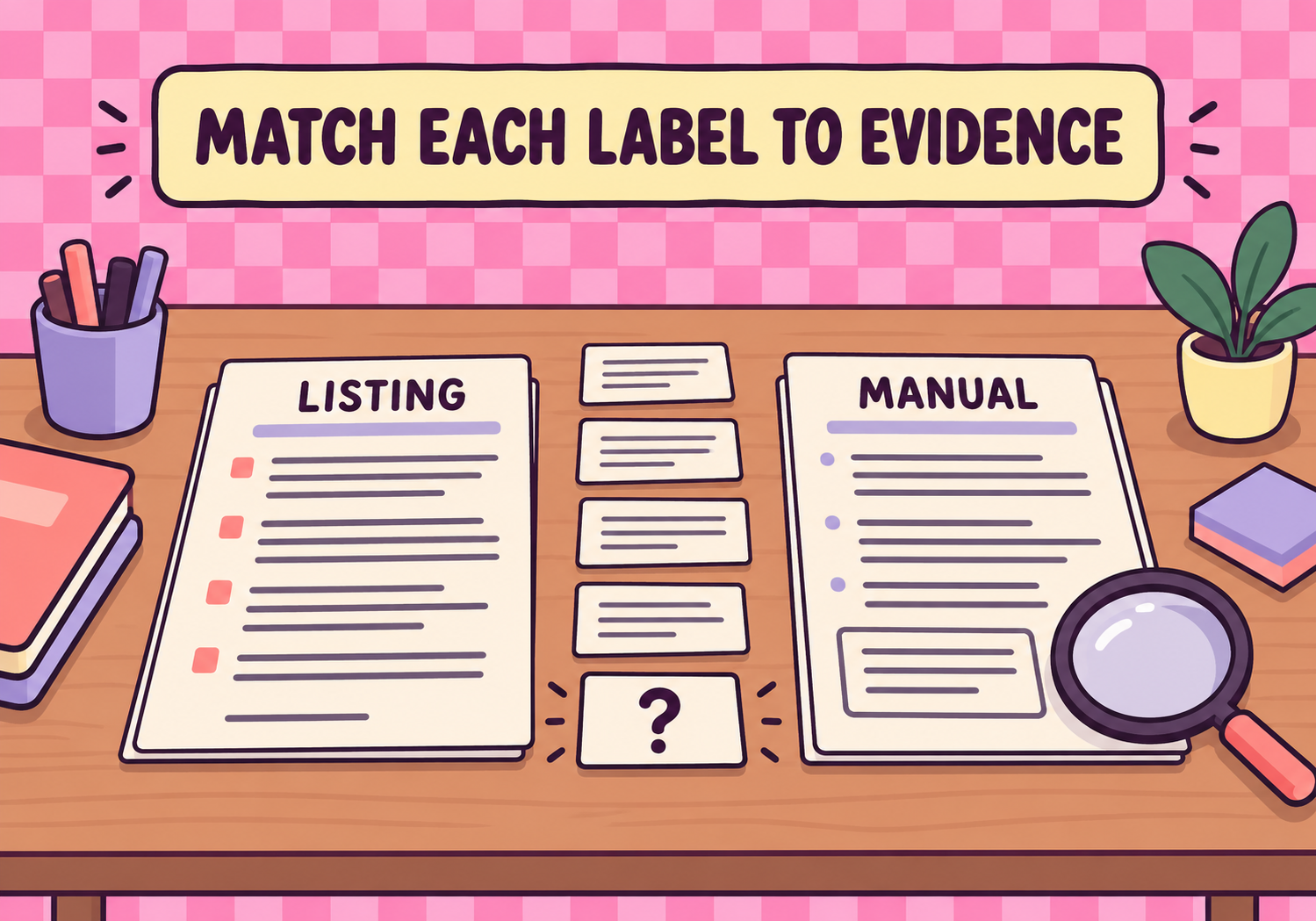 Listing and manual compared using five index cards, with a question mark on the last card.