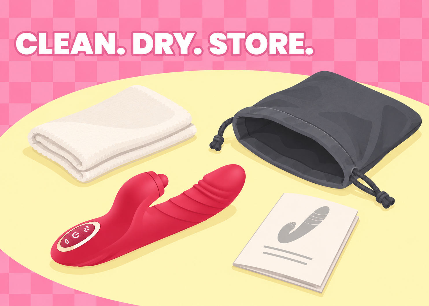 Flat illustration of a red device, dry cloth, open storage pouch and instruction booklet.