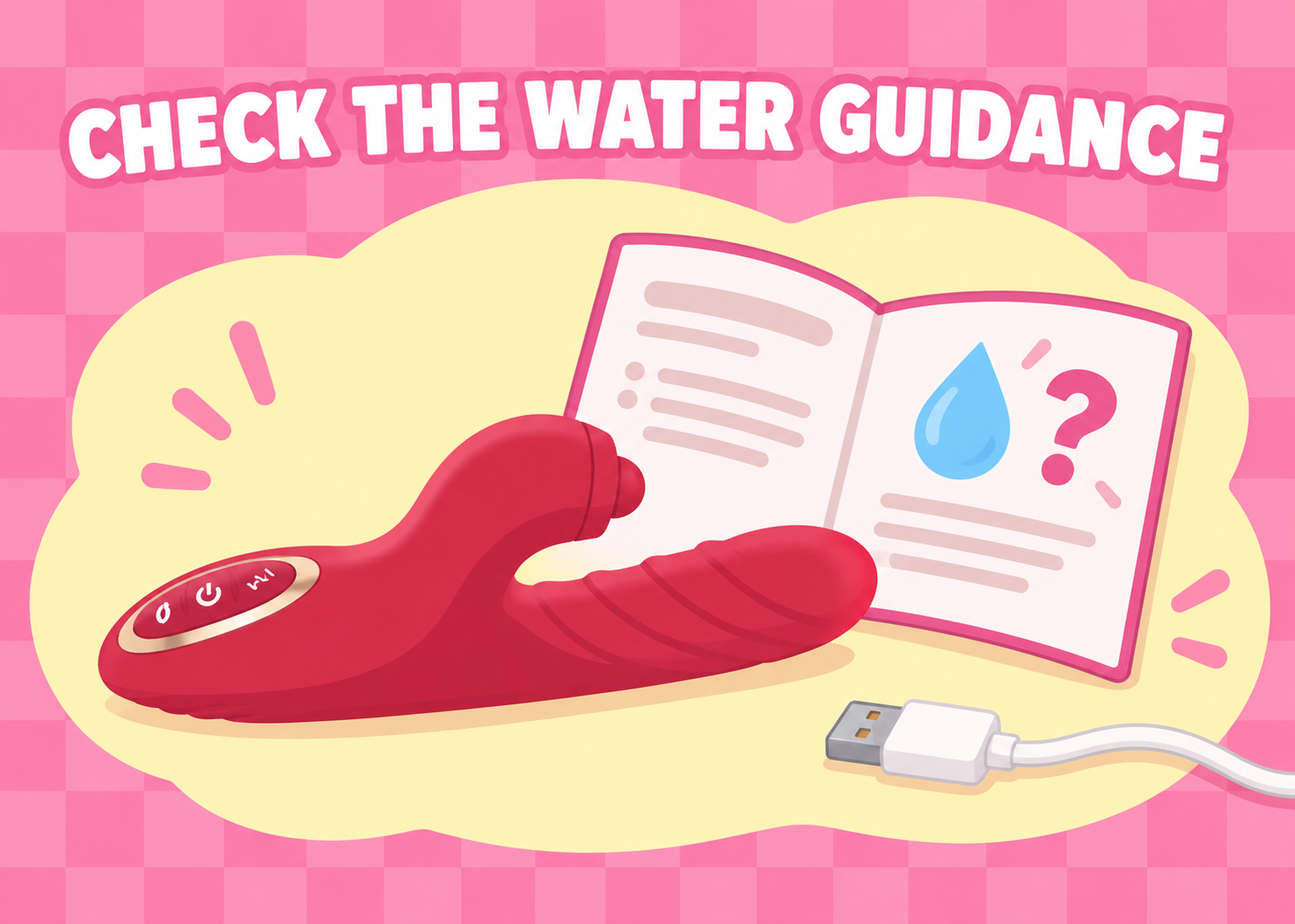 Red device beside an illustrated instruction booklet with a water question mark and a disconnected USB cable.