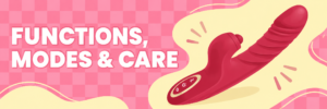 Pink checkerboard illustration with a simplified red curved device and the title Functions, Modes and Care.