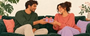 Two fully clothed adults smiling as they exchange a lavender gift box on a green sofa