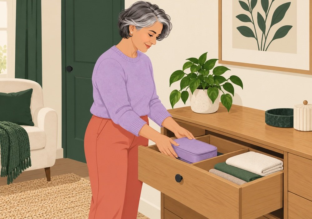 Fully clothed adult placing a closed lavender storage pouch in an organized drawer