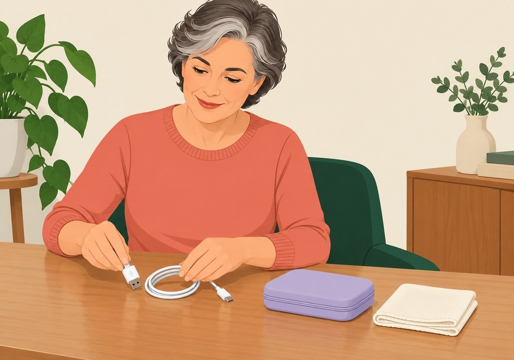 Fully clothed adult arranging a disconnected cable, case and clean cloth on a table