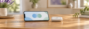 A horizontal smartphone with an abstract connection display beside a small wireless accessory on a wooden table.