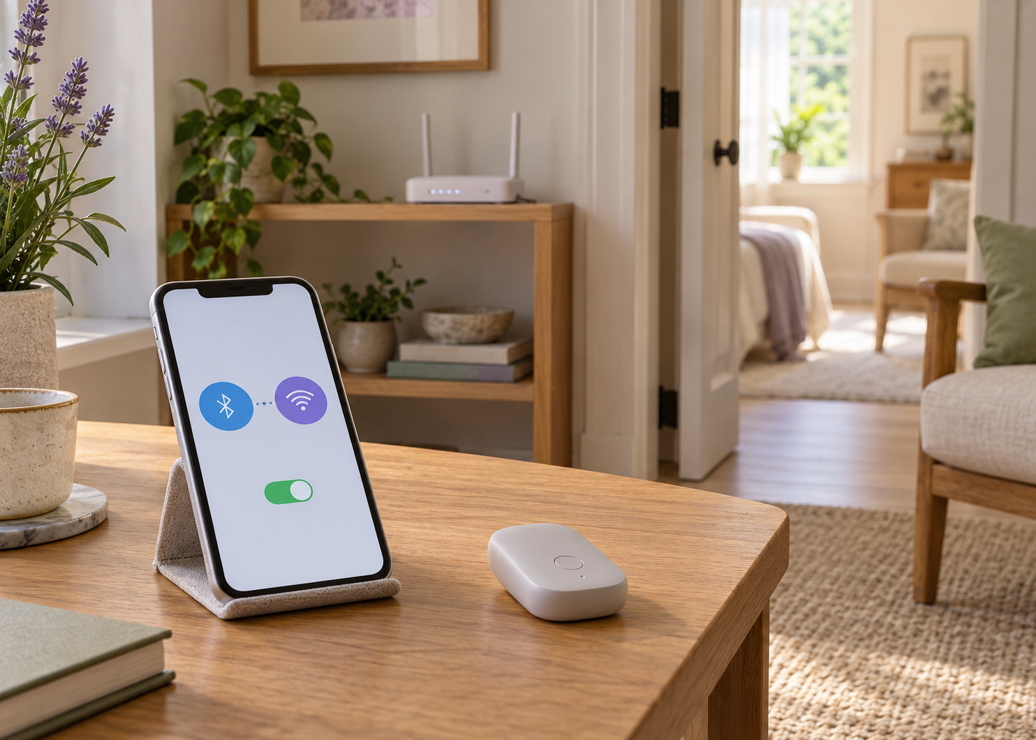 A phone and wireless accessory on a desk, with a router on a shelf across the room.