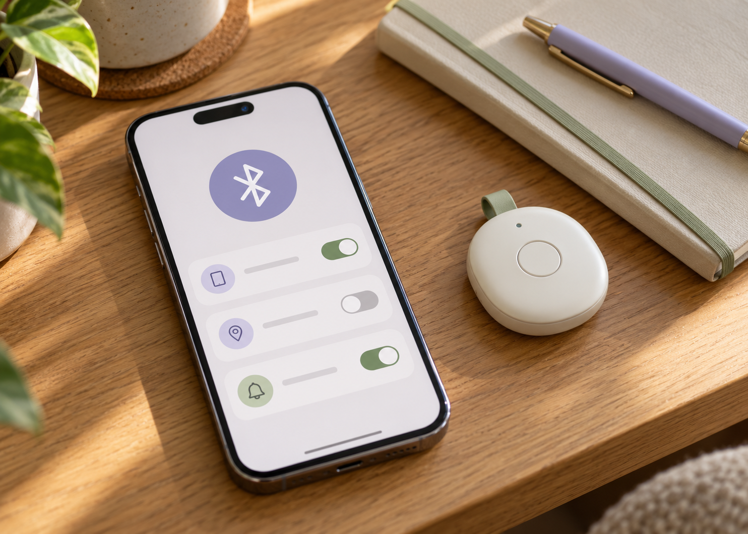A phone displaying a fictional Bluetooth settings screen beside a small wireless accessory, notebook and pen.