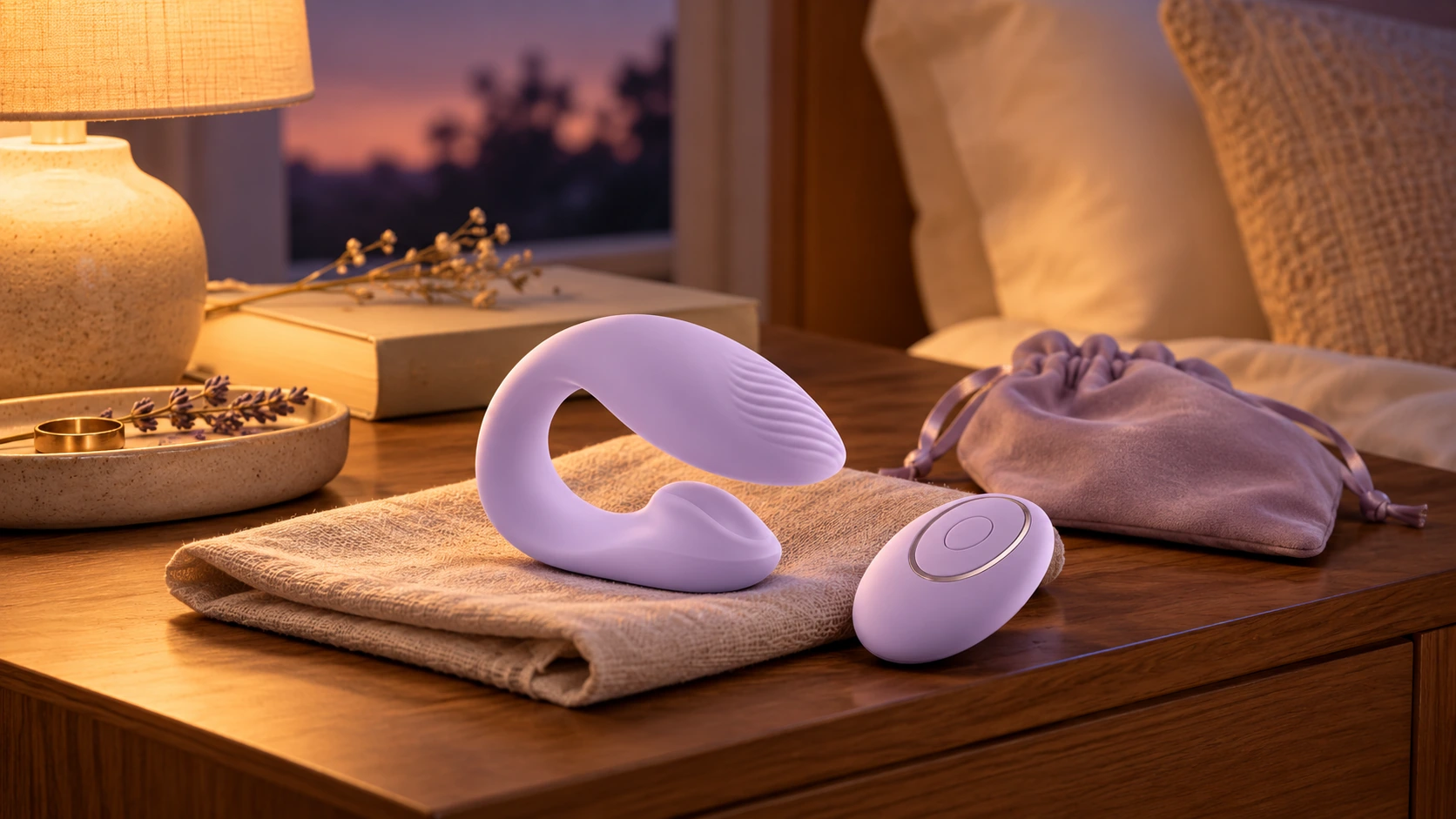 A calm private bedroom setting with the device and remote