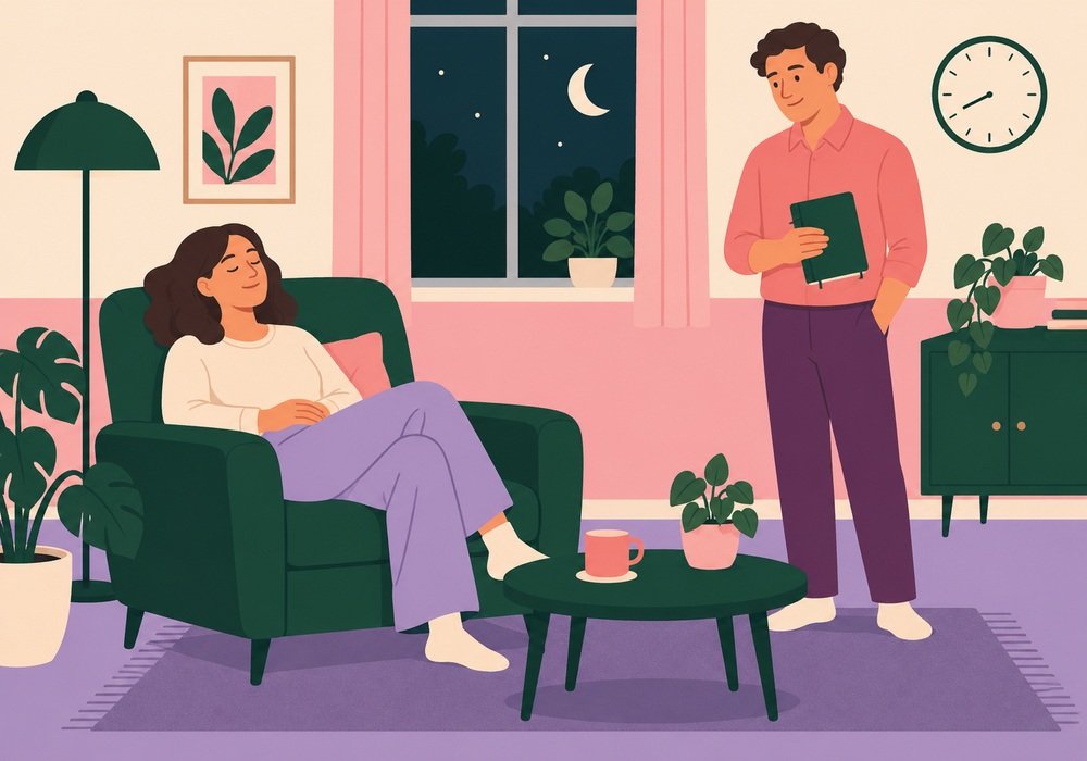 Flat illustration of a fully dressed adult resting while a partner respectfully pauses a shared plan