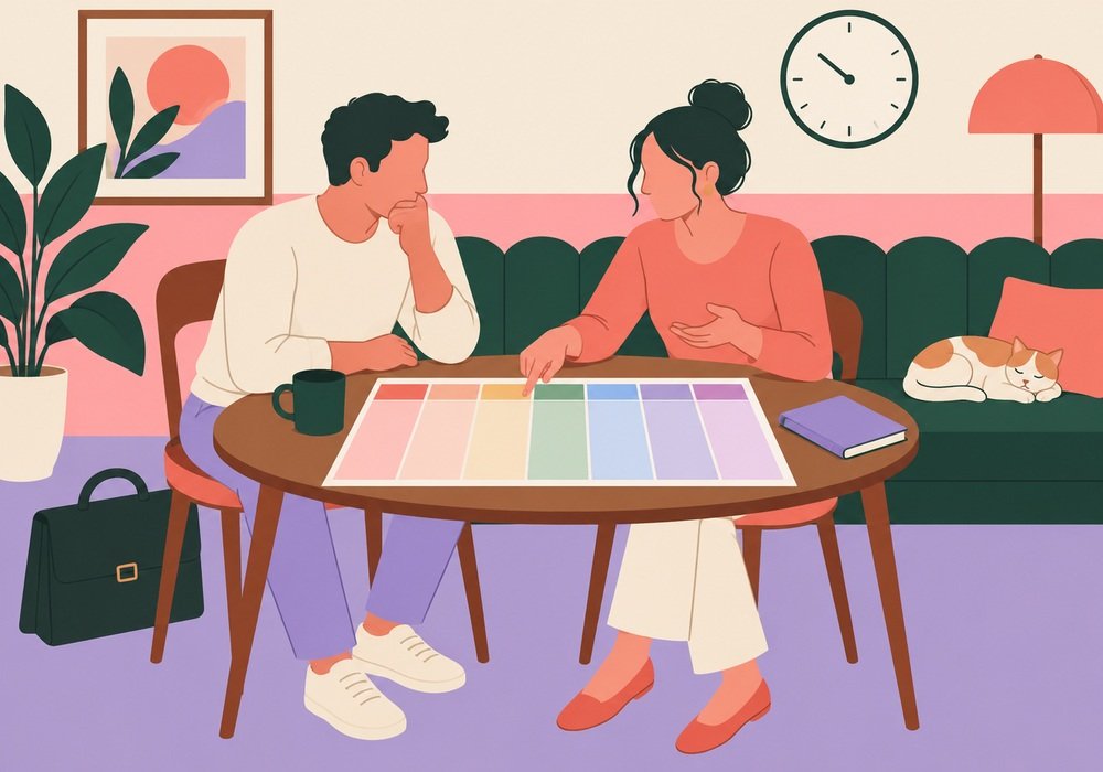 Flat illustration of two fully dressed adults discussing a weekly planner at a table
