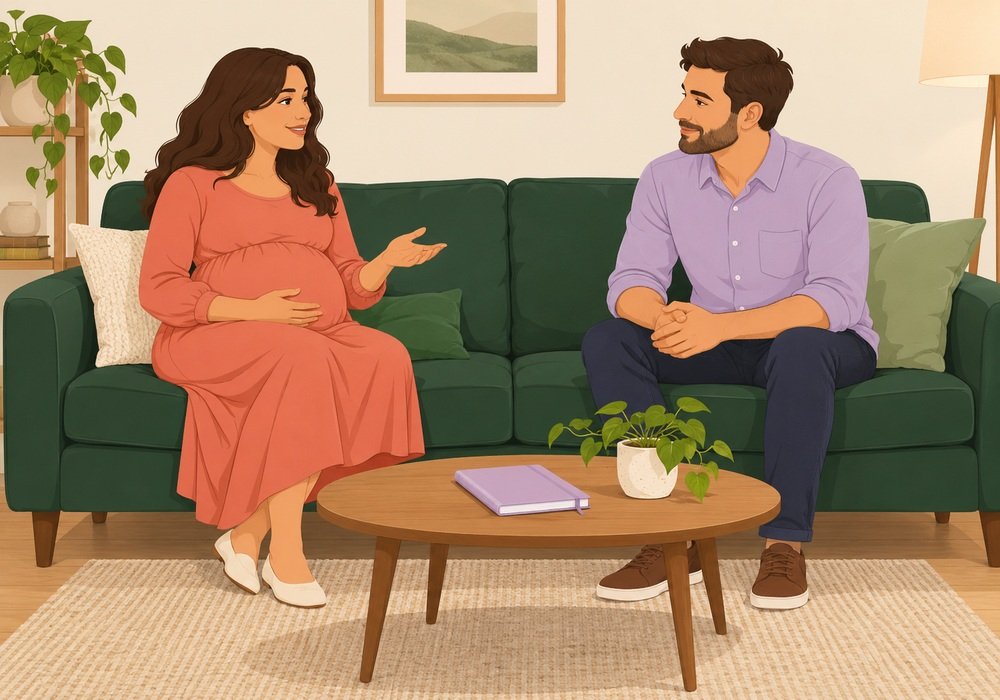 Fully clothed pregnant adult and partner discussing a closed care notebook at home