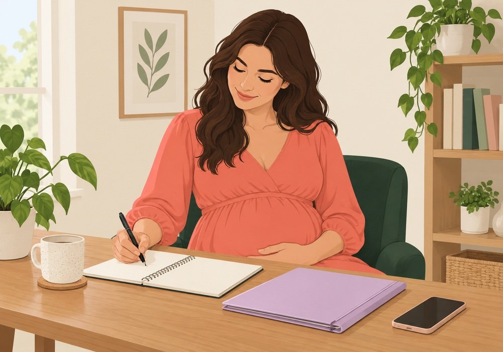 Fully clothed pregnant adult writing appointment questions beside maternity notes