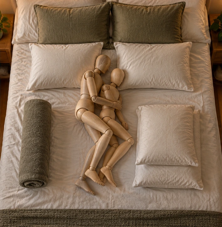 A close bed setup with pillows, lubricant, and a compact toy arranged to explain hip support and angle changes for the pretzel dip position.