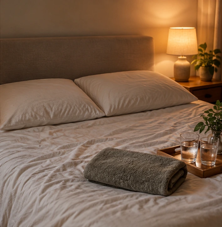 A tidy bed edge with pillows, folded towel, and a compact toy arranged to show a calmer reset after trying the pretzel dip position.