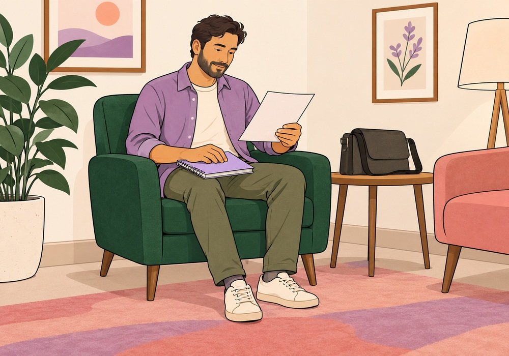 Fully clothed adult organizing a notebook and source printout before a health appointment
