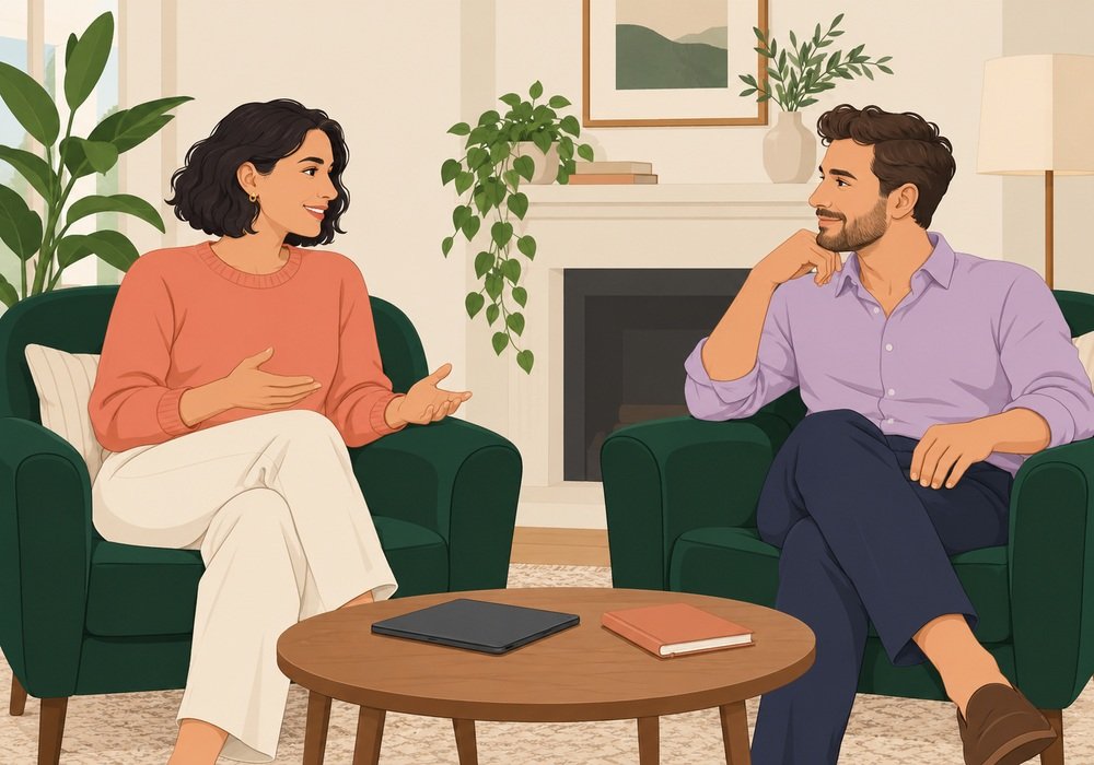 Fully clothed adult couple setting a tablet aside to talk in a living room