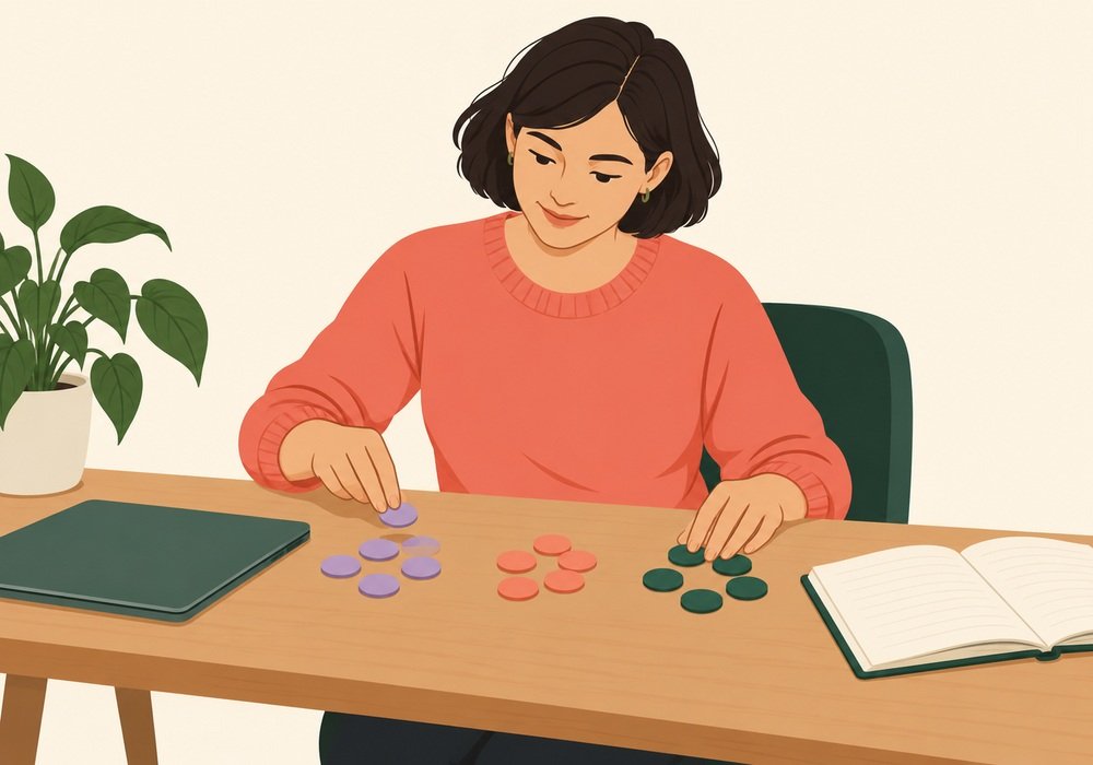 Fully clothed adult sorting colored tokens beside an open notebook