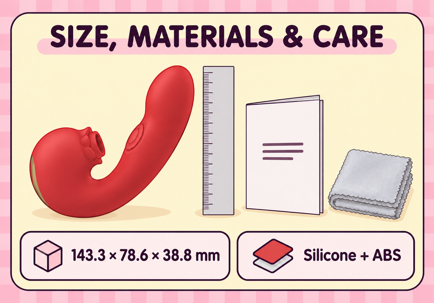 Red curved device beside an unnumbered ruler, instruction booklet and dry cloth, with listed dimensions and materials.