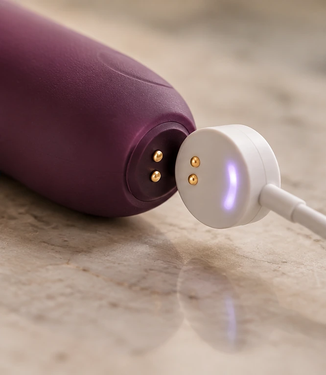 A vibrator charging contact area shown beside a dry towel and cable for a careful troubleshooting setup.