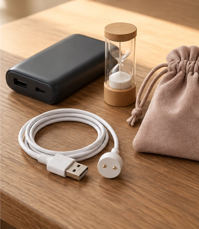 A toy pouch, charger, and compact vibrator arranged to explain storage, battery care, and lock-mode checks.